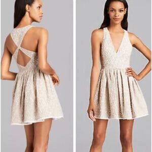 Black Halo "Bree" Sz 8 Lace Halter Fit and Flare Mini Cocktail Dress in Latte